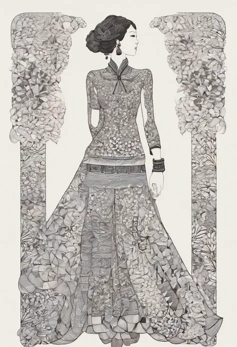 Young woman standing in tight-fitting traditional Vietnamese áo dài, (Ansicht von der Seite: 1.3), (Offizielle Kunst, beautiful and aesthetic:1.2), (1girls:1.3),(Fraktale Kunst:1.1),(Bunt:1.1)(Blumen:1.3),the highest detail,(Zentangle (Zentangle) (Zentangl...