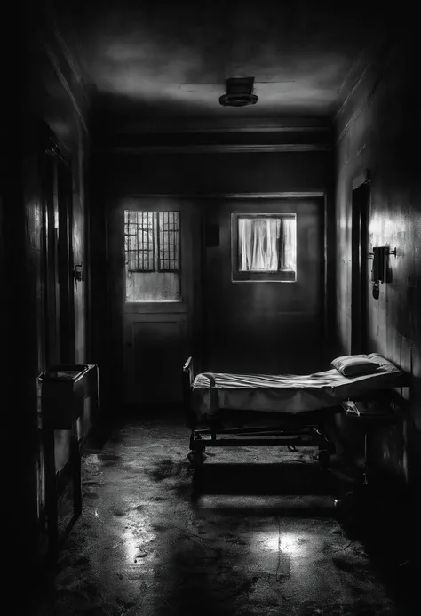 A Photograph depicts a doctor navigating a dimly lit hospital ward during the dead of night, casting eerie shadows that blend with the flickering fluorescent lights. With an atmosphere dripping in tension, capture the chilling solitude of the doctor as the...