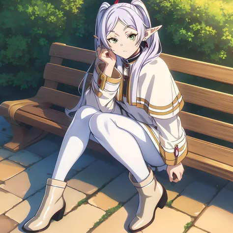 ((masutepiece)), (Best Quality), hight resolution, Ultra-detailed,
1girl in, earrings, elf, Long hair, Long sleeves, pointy ear, Solo, Twin-tailed, Green eyes, earrings, White hair, Looking at Viewer,
white capelet, long boots, Brown Footwear, ((Black pant...