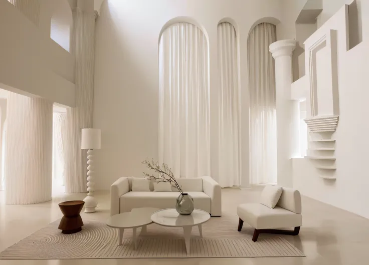 Allafed Room，Features a white sofa、Two chairs and a table, white sweeping arches, inspired by Ricardo Bofill, cream and white color scheme, all white render, White Room, White color scheme, cream - colored room, light cream and white colors, muted palette ...