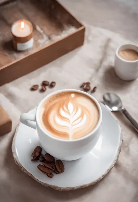 Watercolor painting of a hot coffee with cream in a cozy coffee shop, tons quentes, ambiente requintado e aconchegante,  mesa de madeira,  alguns doces de confeitaria, Balanced composition,