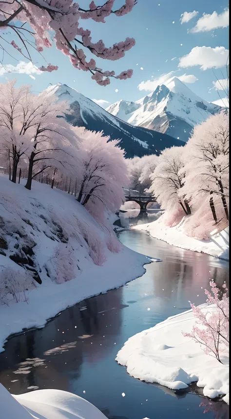 snowfield，Sloping river，house，Heavy snowfall，Pink cherry blossom tree，mountain in the distance