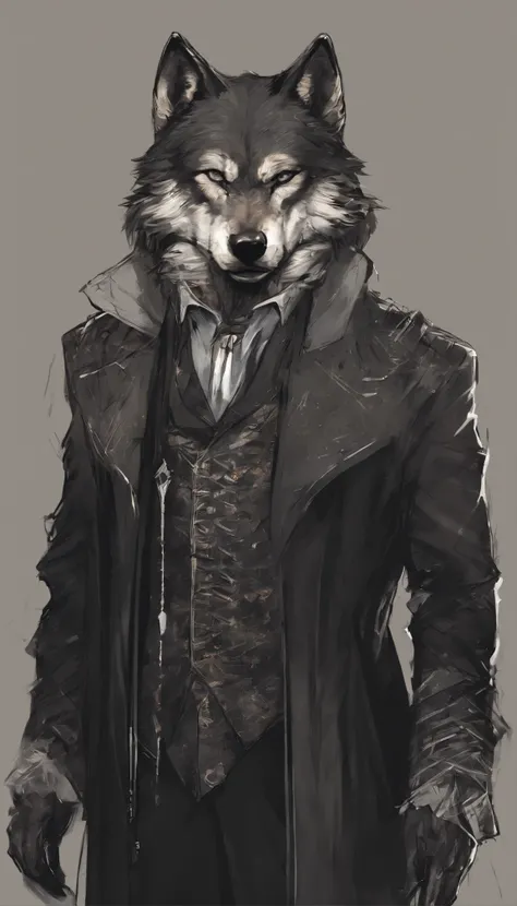 Black-haired wolf in costume. cigarette in his hand. Keep the collar of the garment closed