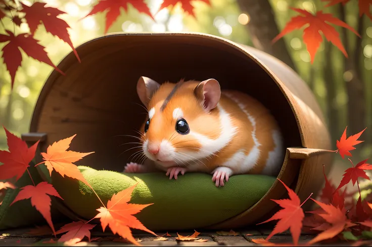 Close up of a hamster resting over reddish maple leaves, shift-tilt effect, highly detailed, illuminated by soft natural light.