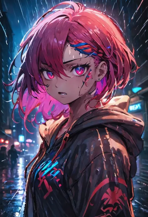 Close-up photo, confident young cyberpunk woman with colorful hair, wearing hoodie with red and blue design, on rain-soaked street at night, photorealistic, dark background, nighttime, bright shining eyes, angry face