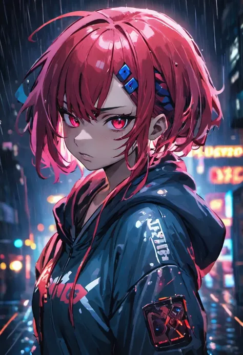 Close-up photo, confident young cyberpunk woman with colorful hair, wearing hoodie with red and blue design, on rain-soaked street at night, photorealistic, dark background, nighttime, bright shining eyes, angry face