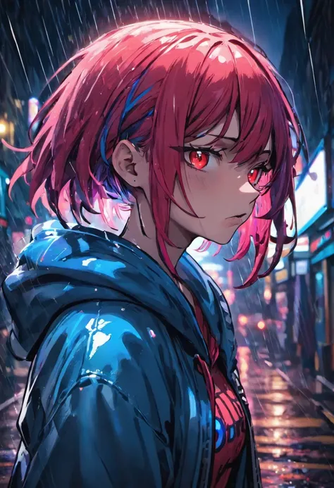 Close-up photo, confident young cyberpunk woman with colorful hair, wearing hoodie with red and blue design, on rain-soaked street at night, photorealistic, dark background, nighttime, bright shining eyes, angry face