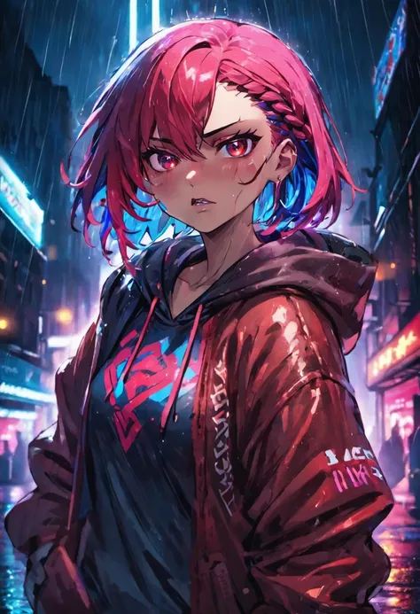 Close-up photo, confident young cyberpunk woman with colorful hair, wearing hoodie with red and blue design, on rain-soaked street at night, photorealistic, dark background, nighttime, bright shining eyes, angry face