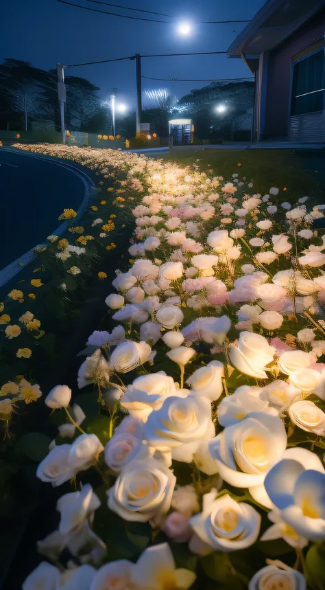 Flowers are lit on the roadside at night, Luminous flowers, Glowing flowers, soft bloom lighting, field of flowers at night, lights with bloom, light bloom, beautiful light up, Floating lights, Global illumination. vfx, roses in cinematic light, Soft volum...