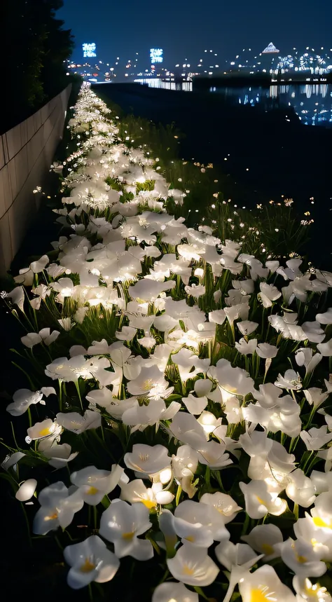 there are many white flowers that are lit up in the dark, field of flowers at night, Luminous flowers, Glowing flowers, lights with bloom, white flowers on the floor, Flower beds on the floor, rinko kawauchi, Bruce Munro, beautiful light up, lamps on groun...