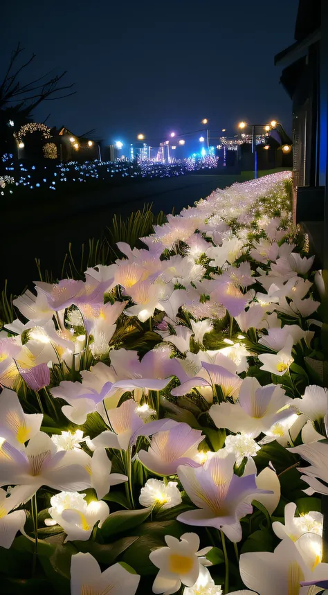 Flowers lit up on the sidewalk in the dark, lights with bloom, Luminous flowers, Glowing flowers, field of flowers at night, Floating lights, soft bloom lighting, beautiful light up, light bloom, captivating glowing lights, Bruce Munro, beautiful glowing l...