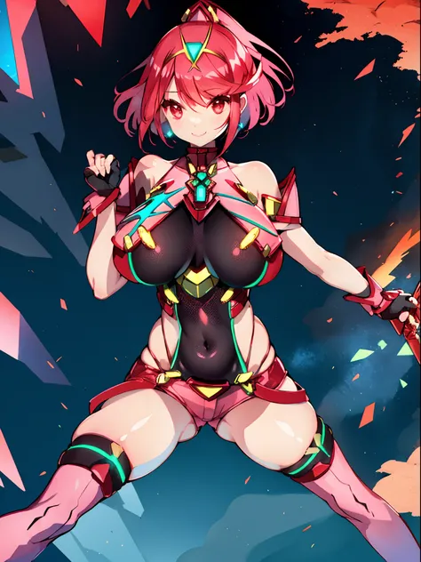 pyra (xenoblade), teen_1girl, loli, bangs, black gloves, breasts, red eyes, shout, earrings, eyelashes, fingerless gloves, floating hair, , gem, gloves, hair ornament, headpiece, jewelry, gigantic_breasts, leaning back, swimsuit, neon trim, official art, p...