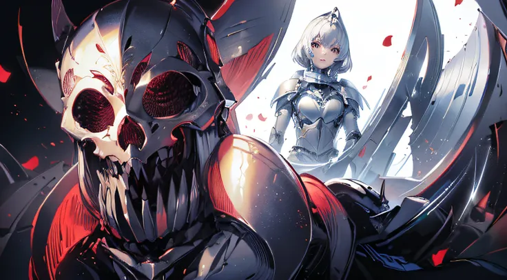 tmasterpiece，Best quality，Super fine illustration,A silver-armored guard wearing a helmet，With knife shoulder pads，A beautiful woman in armor，