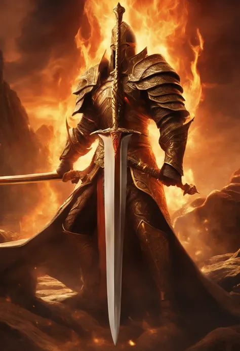 "A large sword made of metal, Available in a black and gold color scheme. The blade contains a roaring flame, And the sword body revealed cracks，As if to burst. The sword was surrounded by swirling flames, Lava nearby. There are no characters, Only weapons...