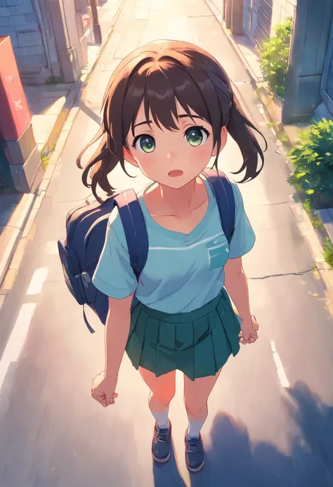 ，Tummy down，head looking up，，largeeyes，Anime cute face，kid , skirt, backpack, wandering, pigtails, scared