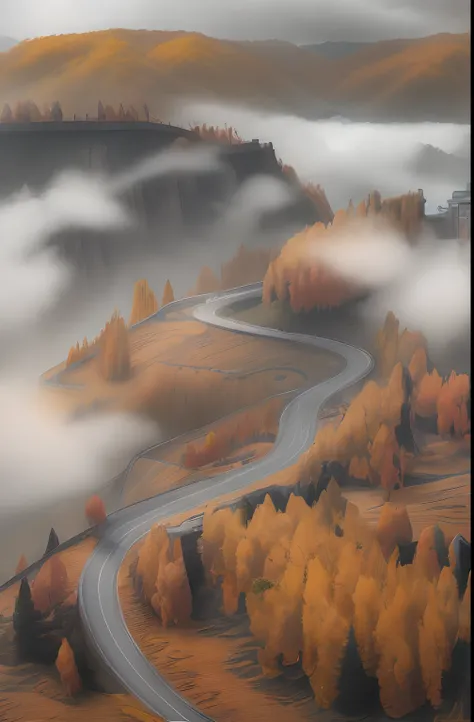 autumnal，The mountains are cloudy，Panshan Highway，Huyang trees on both sides