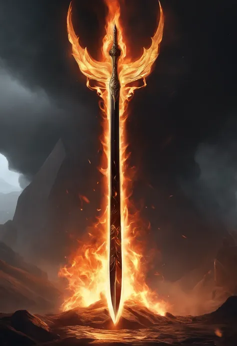 A large sword made of obsidian，Black and gold color scheme，The inside of the sword contains a roaring flame，Cracks appeared on the body, as if to tear the sword body apart，The sword body is full of flames，Magma rolling nearby，There is no human type，Only we...