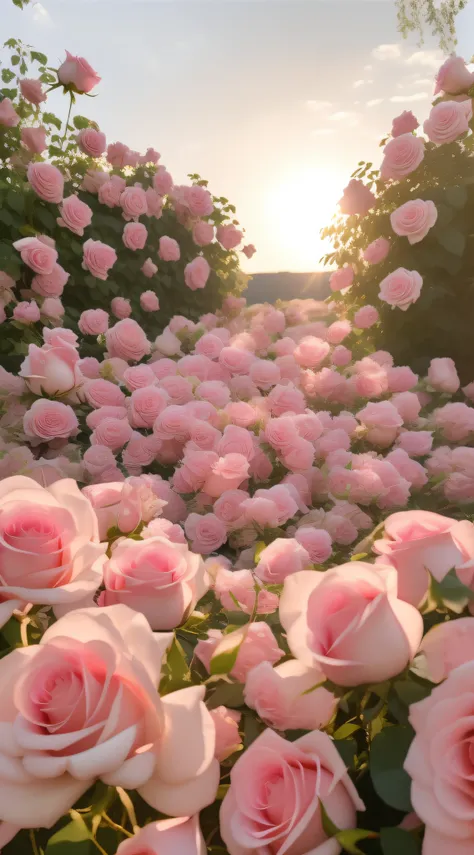 Many pink roses grow in the garden on the ground, with soft pink colors, an aesthetic field of flowers, rosses, Beautiful and aesthetic, rosette, pink golden hour, laying on roses, Pink flowers, roses in cinematic light, Beautiful flowers, beautiful aesthe...