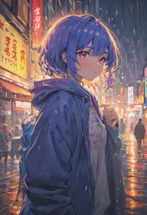 (best quality,4k,highres,masterpiece:1.2), ultra-detailed, realistic:1.37, close-up photo, confident young woman with colorful hair, hoodie with red and blue design, rain-soaked street at night, dark background, bright shining eyes, angry face, streetlight...