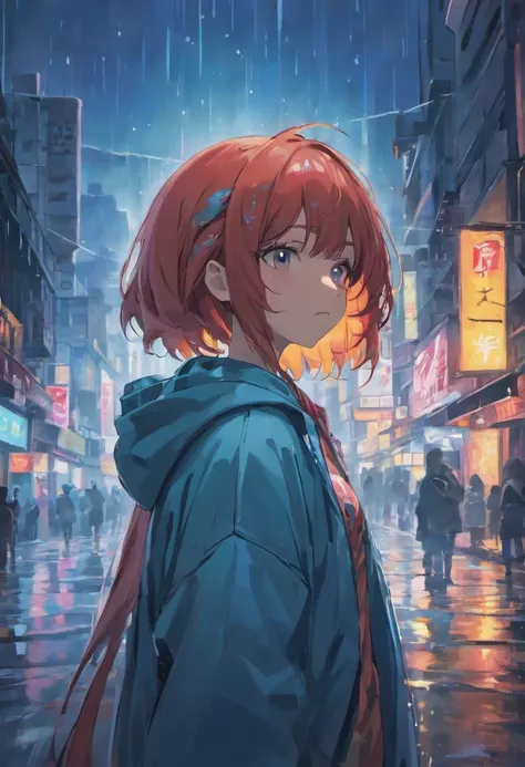 (best quality,4k,highres,masterpiece:1.2), ultra-detailed, realistic:1.37, close-up photo, confident young woman with colorful hair, hoodie with red and blue design, rain-soaked street at night, dark background, bright shining eyes, angry face, streetlight...