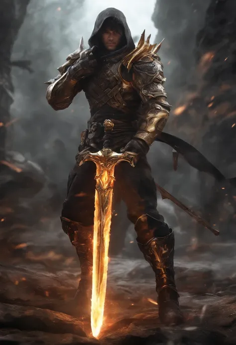 A large sword made of obsidian，Black and gold color scheme，The inside of the sword contains a roaring flame，Cracks appeared on the body, as if to tear the sword body apart，The sword body is full of flames，Magma rolling nearby，There is no human type，Only we...