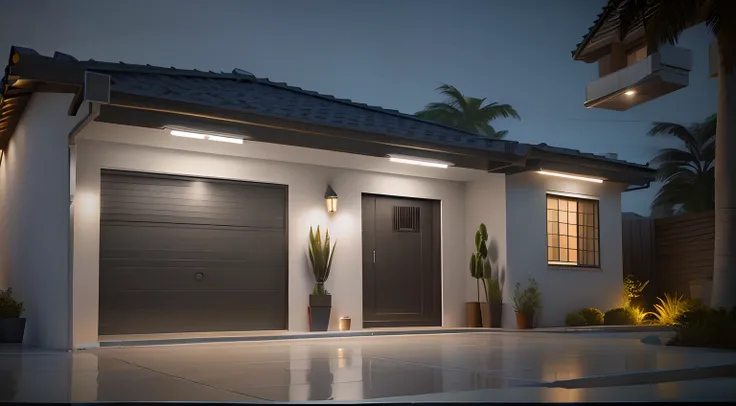 There is a garage door and a plant in the front yard, render 3d bem iluminado, night time render, cinematic outdoor lighting, 3 d render mesmo aceso, cinematic night lighting, with photorealistic lighting, dramatic lighting render, em frente a uma garagem,...