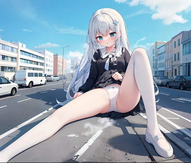 NSFW，Clouds， Masterpiece, Best quality, Highly detailed,Masterpiece,Best quality,offcial art,Extremely detailed Cg Unity 8K wallpaper，{{{Giantess}}}，Giant，1girll，Sit on the groundd，Press the car against the panties，modern miniature city，Destroyed buildings...