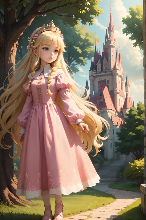 (Best Quality, Masterpiece), 1girl, Long Hair, Art Background with Castle, With Leaves in the Air and Long Pink Dress for Blonde Princess