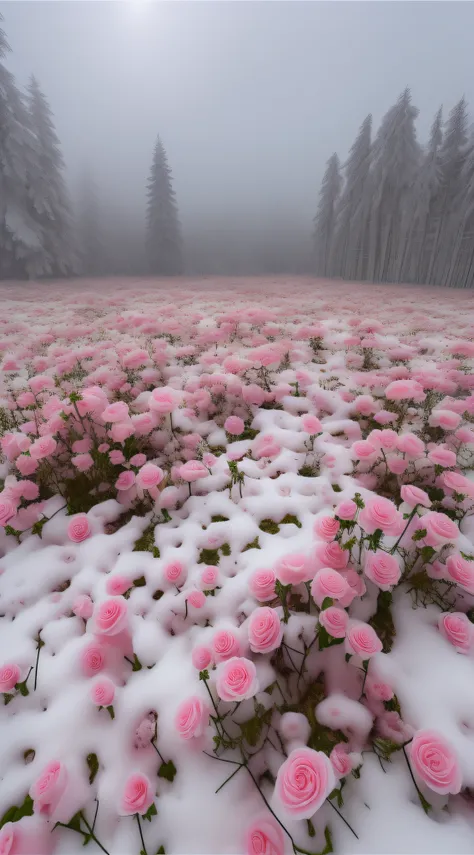 There are a lot of pink roses in the snow on the ground, with frozen flowers around her, Really beautiful nature, field of pink flowers, surreal waiizi flowers, Pink Forest, Beautiful nature, an aesthetic field of flowers, sergey krasovskiy, alexey egorov,...