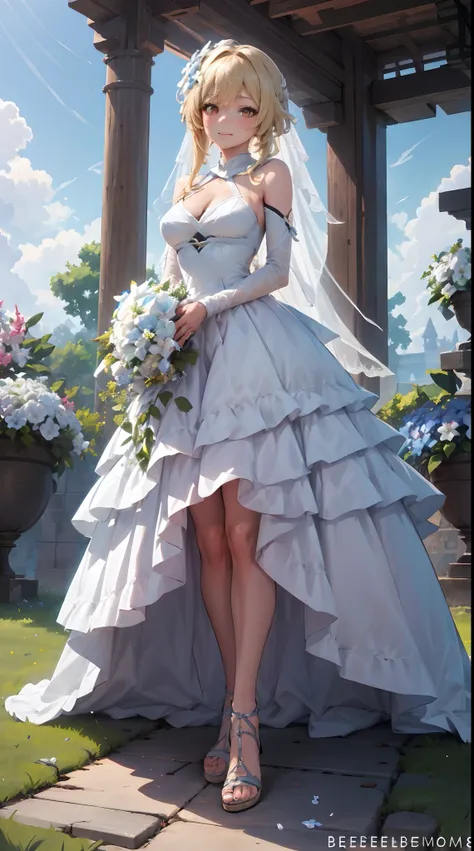 lumine | genshin impact, master-piece, bestquality, 1girls,25 years old, proportional body, proportional., wedding dresses, whit...