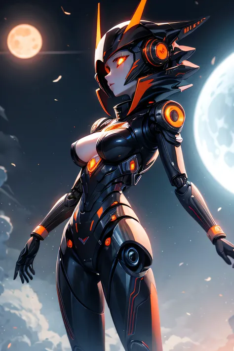 Female robot, metal body, metal head, black helmet, orange moon in the sky, night lights, distant planets, vagina