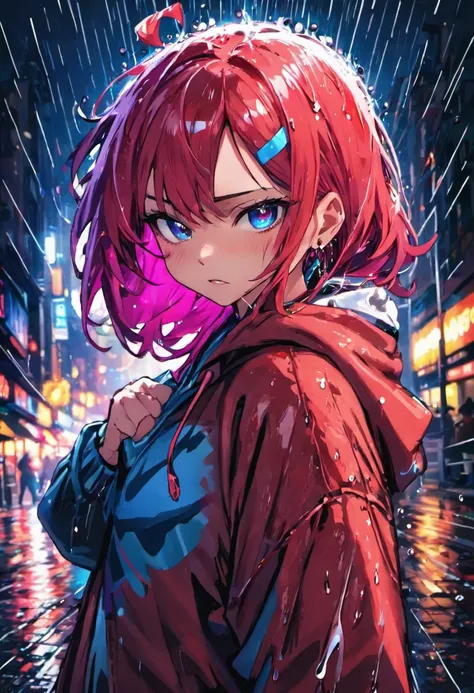 (best quality,4k,highres,masterpiece:1.2), ultra-detailed, realistic:1.37, close-up photo, confident young woman with colorful hair, hoodie with red and blue design, rain-soaked street at night, dark background, bright shining eyes, angry face, streetlight...