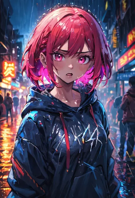 (best quality,4k,highres,masterpiece:1.2), ultra-detailed, realistic:1.37, close-up photo, confident young woman with colorful hair, hoodie with red and blue design, rain-soaked street at night, dark background, bright shining eyes, angry face, streetlight...