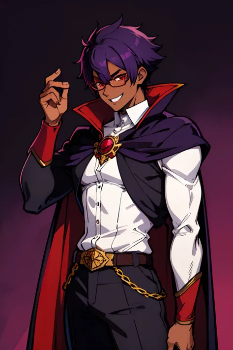 dark skin, male teenager, slim, combed purple hair, short hair, glasses,  red eyes, very large cape, vampire outfit,  evil laugh