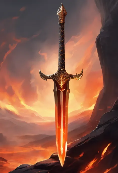 A large sword made of obsidian，Black and gold color scheme，The inside of the sword contains a roaring flame，Cracks appeared on the body, as if to tear the sword body apart，The sword body is full of flames，Magma rolling nearby，There is no human type，Only we...