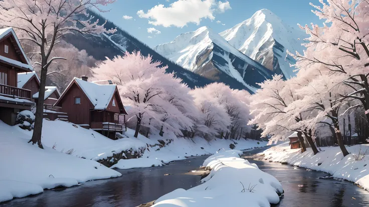 snowfield，Sloping river，house，Heavy snowfall，Pink cherry blossom tree，mountain in the distance