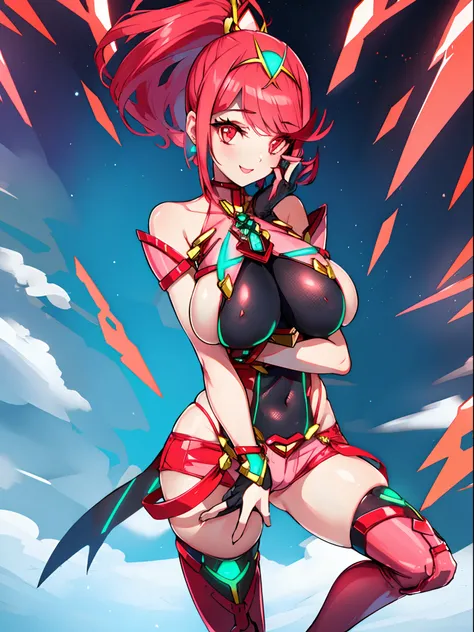 pyra (xenoblade), teen_1girl, loli, bangs, black gloves, breasts, red eyes, shout, earrings, eyelashes, fingerless gloves, floating hair, , gem, gloves, hair ornament, headpiece, jewelry, gigantic_breasts, leaning back, swimsuit, neon trim, official art, p...