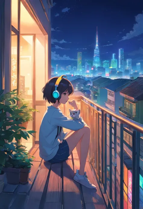 A girl sitting on the balcony , feeling and seeing the out view  , focusing the city at night  ,in the style of 2d game art ,chinstill 50, with headphones in the ear , linsting the song  , night time, coloufull animation skills, with a dog sitting beside n...