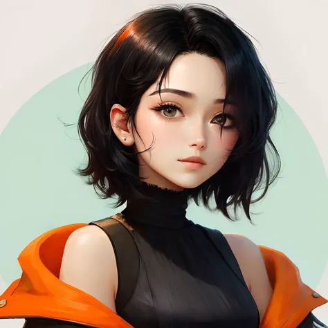 Short black hair covering one eye with stripped orange