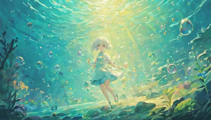 Undersea juvenile silver-haired shell house，Girl with short white hair，Colorful bubbles，a plant，Glowing small fish，Sparkling，ocean floor，