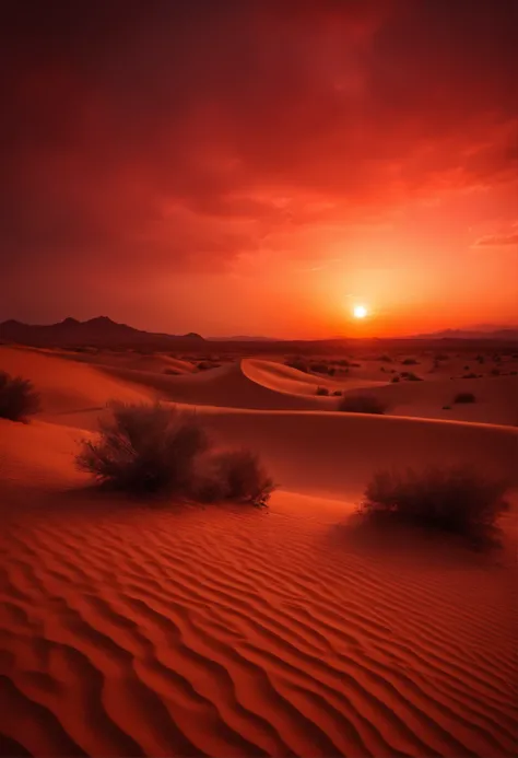 sunset in desert dramatic full Red Sky cinematography with the sun in the middle