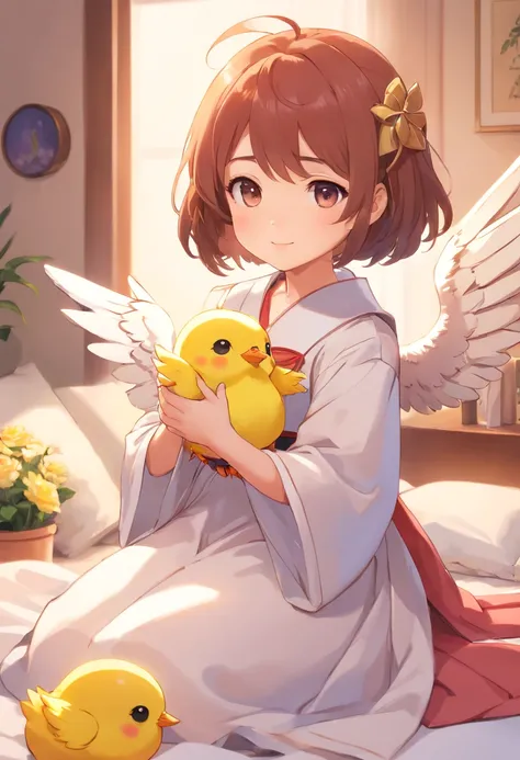 Carrying chicks in groups on the bed、hight resolution、4K、8K images、Hold your head and worry，A slight smil，Pop Mart Blind Box IP、１００Close up portrait of cute knight doll of a person、Young One Angel Style、Wear longer, Dress fluently、Lop style、Poseline doll、L...