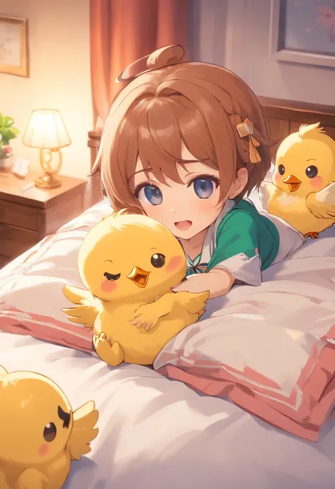 Carrying chicks in groups on the bed、hight resolution、4K、8K images、Hold your head and worry，A slight smil，Pop Mart Blind Box IP、１００Close up portrait of cute knight doll of a person、Young One Angel Style、Wear longer, Dress fluently、Lop style、Poseline doll、L...