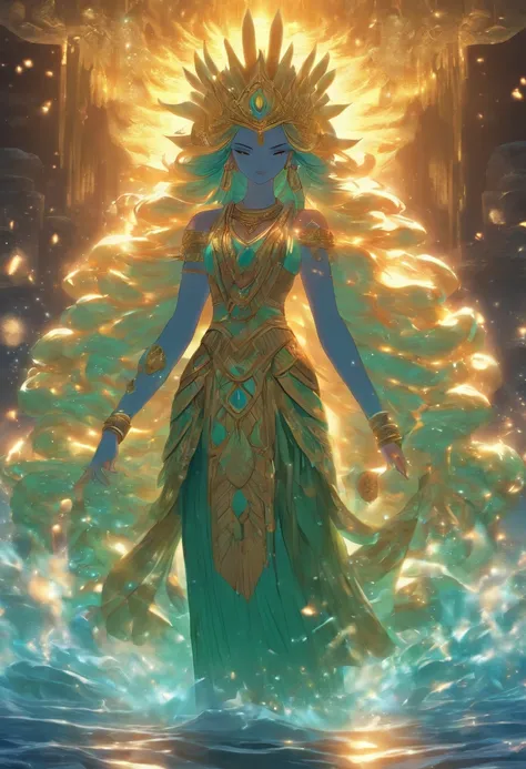 (((Nammu))) best quality, ultra-high resolution, 4K detailed CG, master piece, Sumerian God, water, Ocean Goddess, Sumerian clothing, Sumerian mythology, ((close to viewer)) , Sumerian image, aesthetic, centered on screen, full body