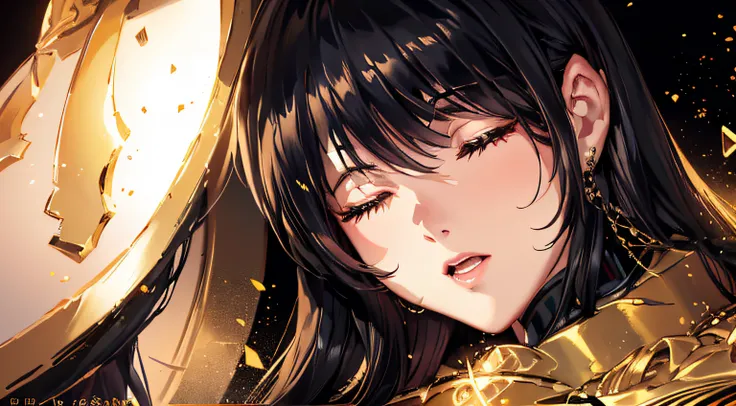 tmasterpiece，Best quality，Super fine illustration,The black-haired beauty in golden armor prayed with her eyes closed，