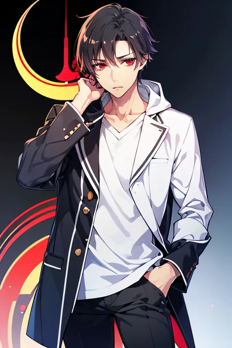 black_hair, medium_hair, red_eyes, really_red_eyes, detailed_eyes, beautiful_eyes, 1man, dress, black_hood, white_shirt, black_p...