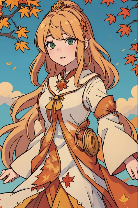 Portrait of a blond Autumn goddess dressed with earthy tones, drapped flowing long tunic, and a tiara of maple leaves in copper. Matching embellishments with copper maple leaves. Forest with red maple trees, other autumal trees with yellow an green leaves....