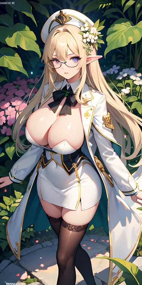 big tits, Detailed eyes, detailed face, perfect anatomy, perfect proportion, 1women, solo,  closed clothes, elf, blonde green hair, (( violet eyes)), cool face, round glasses, white coat, black short skirt, white business suit, nectie, admiral hat, half bo...