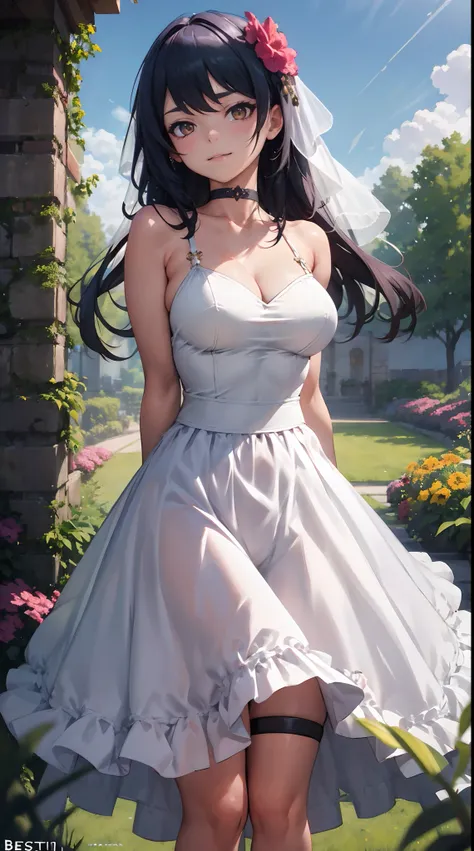 Kujou Sara| genshin impact, master-piece, bestquality, 1girls,25 years old, proportional body, proportional., long-haired, Wedding Dresses, White Wedding Dress, Long skirt, mediuml breasts, ,bara, choker, Standing in the middle of a flower garden, outdoor,...