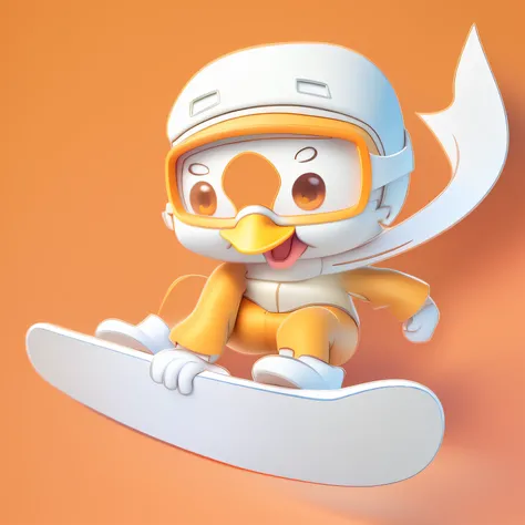 A cartoon duck，white colors，Yellow mouth，large shiny eyes，Head features of the goose，Snowboarding，Ski wear，skiing，Jump up，Orange ski cap，Ski goggles，Three-headed body，Big head and small body，naughty，Arrogant，Ski gloves，k hd，true to life，真实感，Clear hair，sing...